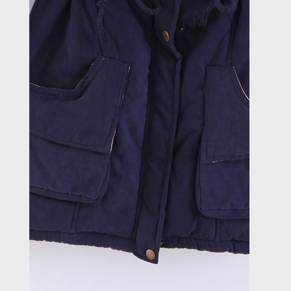 Hooded Faux Fur Drawstring Navy Parka Jacket - Picture 4 of 11